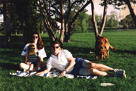 Kimberly, Maxwell, Craig and Basil the dog, having a picnic