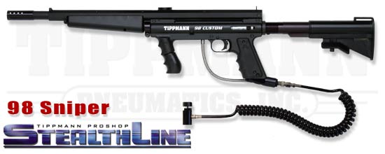 tippmann stealth line avalible at the tippmann store at tippmann.com comes with a flat line,remote line,and a carbine stock.