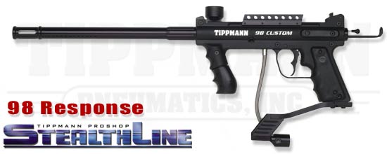 Tippmann model 98 with a response trigger kit and a 14in sniper barrel.