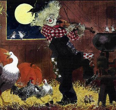 Scarecrow striking up a lively tune at a barn dance