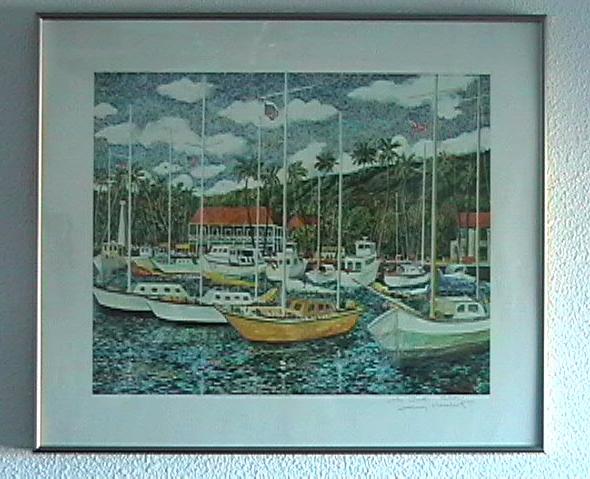 A picture of Lahina in Maui, Hawaii. It's a painting that's hanging on my wall, and it's been signed by the artist.