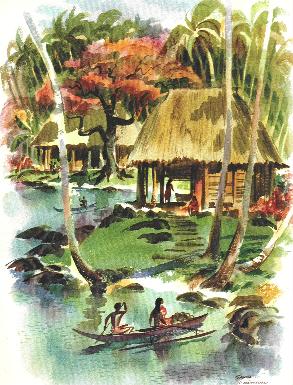 A painting of Samoa, off of a cruise dinner menu from 1969