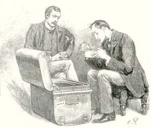 Holmes and Watson examine the contents of Holmes's tin-box