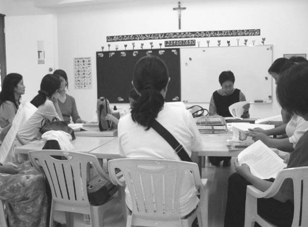 First Meeting of Parents and Teachers: Ms. Marinela Montesclaros conducts the meeting with the parents. She explains to them the OLVCS Hand Book which contains the rules and regulations of the school.
