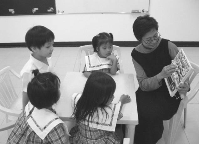 The Kinder Class of Ms. Montesclaros: (1) showing them the alphabet; 