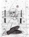 A girl sitting in a park while it is snowing with socks on....um....