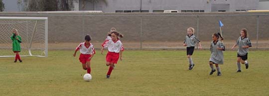 9/28/02: Great play! Rebecca made a fast break and ran the ball, with a teammate, all the way to the goal.&nbsp; But when she passed it to her teammate, she missed the goal.