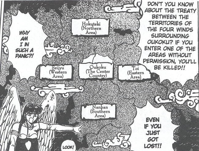 Map of the world of Dark Angel, with Kyo telling of the "treaty"...