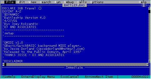 The QuickBasic Program that I developed - Battleship version 4.0