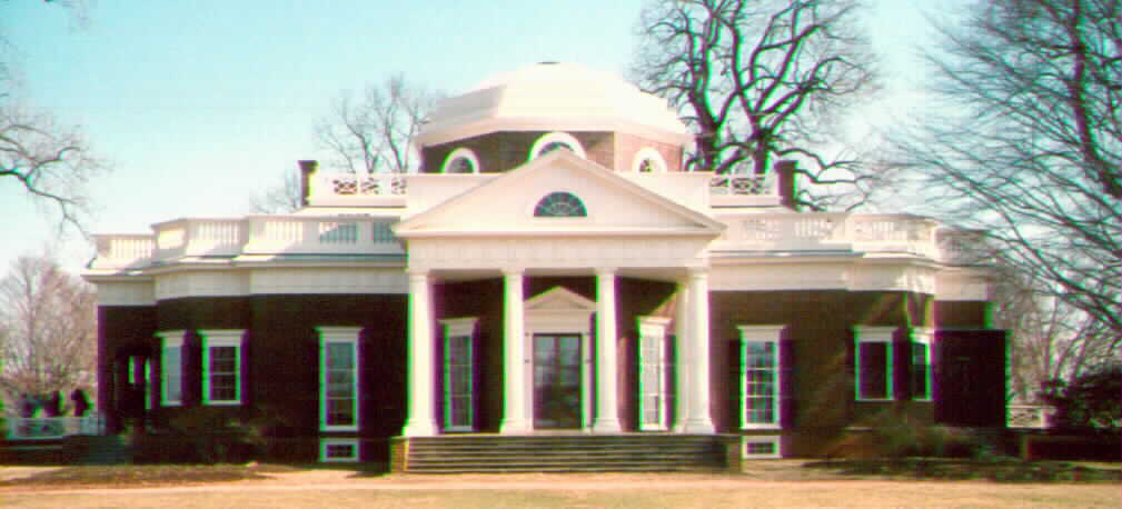 Monticello sits atop of a rounded hill, views 360 degrees in winter