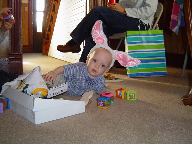 Harry loves his rabbit ears. He's playing with some of his birthday gifts. 