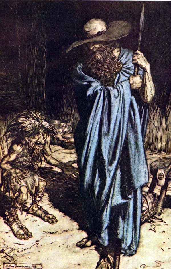 Odin confronts one of the Nibelungen, a race of dwarves, in a scene from "The Ring of the Nibelungen" by Arthur Rackham