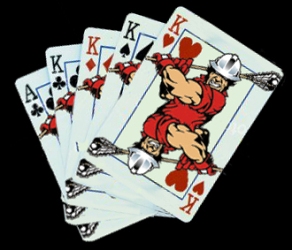 Card design from the front of the mask, with the Roughneck logo as the King.