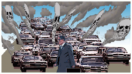 Man walking in front of deadly traffic jam 
(61.2 KB) - click here