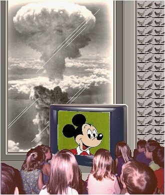 Kids watching cartoon on TV with
nuclear explosion in the background. (113KB) 
Click button [Wake up children...] to view full screen.
Close full screen window to go back.