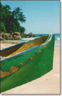 Brazilian flag coloured  canoe at Lopes Mendes