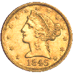 $5 Liberty Half Eagle Obverse, 1839-1908.