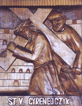 Carving of the Fifth Station of the Cross at the Our Lady of Victory Parish in Ontario, Canada
