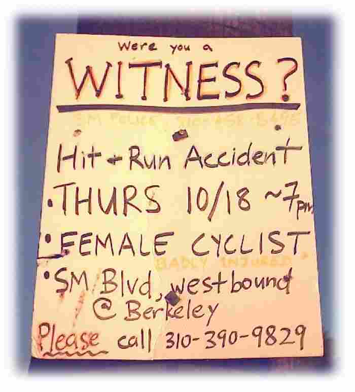 Poster attached to telephone pole in Santa Monica on Santa Monica blvd seeking a witness to the a hit and run of a bicyclists November 2001