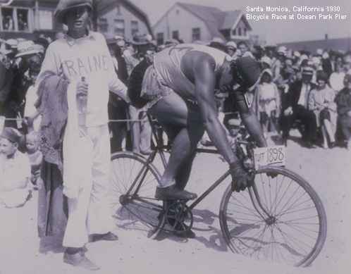 Picture of bicycle racer and crew - Santa Monica Bicycle Race in Ocean Park 1930