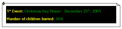 Cuadro de texto: 1st Event: Christmas Day Dinner � December 25th, 2005Number of children hosted: 246!