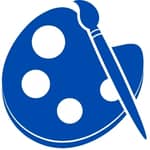 A graphic of a paintbrush on top of a painting palette in navy blue