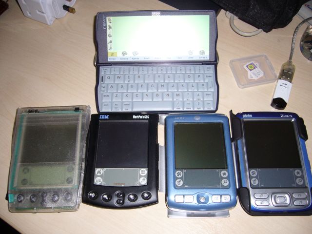 my PDAs IIIe, c505, Zire 71, Zire 72, Revo(behind)