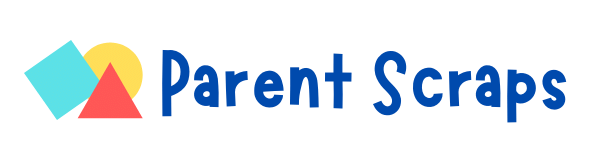 Parent Scraps Logo. A light blue square leaning against a red triangle with a yellow circle behind the triangle and navy blue text to the right of the icon that says parent scraps