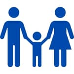 outlines of male and female figures holding the hands of a smaller male figure on either side in navy blue