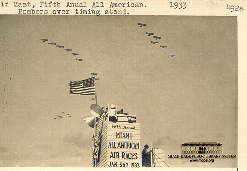 Air Meet, Fifth Annual All American.  Bombers over Timing Stand. 1933