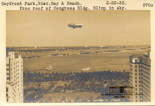 Bayfront Park, Biscayne Bay & Beach from Roof of Congress Bldg. Blimp in Sky, 2-25-35