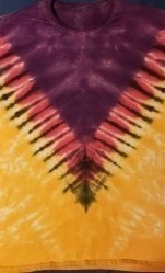 L size orange and purple tie dyed t-shirt nicely pleated in the shape of a V