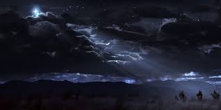 three men on houseback at night in a field with the light of the moon shinning on them.