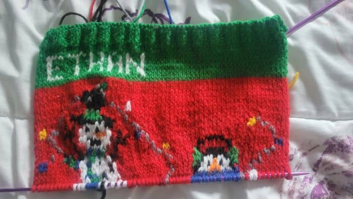 Stocking with Half Finished Snowman and Penguin
