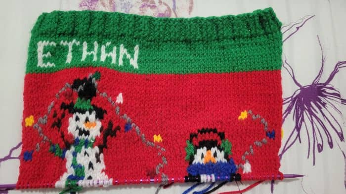 Stocking with Half finished Penguin and Snowman