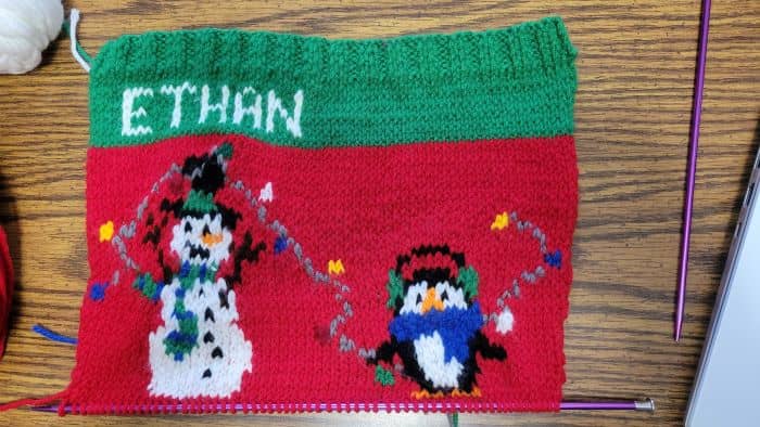 Stocking with Finished Penguin and Snowman