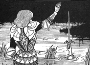 Bedivere throws Excalibur into the lake