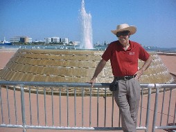 Ernie by the fountain in the park.