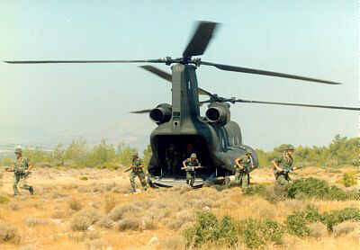 A Hellenic Chinook, making an infantry-drop