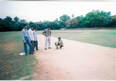  Surface Chemistry on the Surface of Cricket Pitch!!!!!!!!!  
(Who is going to propose ideal condition?) 
 Dr. R. Dhamodharan (on the pitch): Left to Right (standing): S. Venkatesan, G. K. Raghuraman, P. Kumaravelu and S. Raja