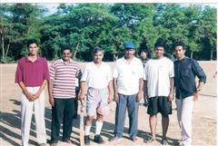 Left to Right: S. Venakatesan, J. D. Jeyaprakash S. Samuel, Dr. R. Dahamodharan, A. Ramakrishnan, G. K. Raghuraman and S. Raja.
(This photo was taken during our regular weekend play in the IIT cricket ground on April 2002)