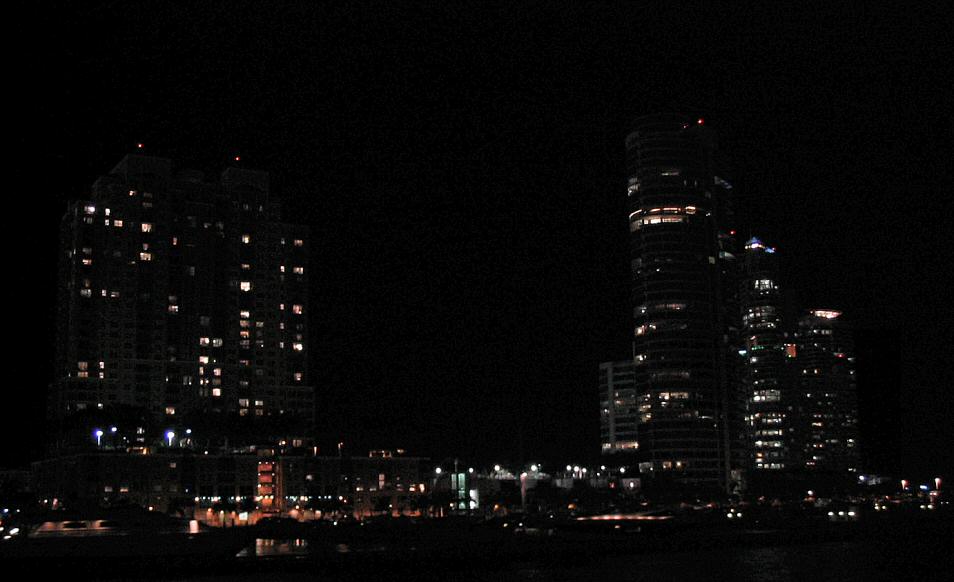 I may have gotten confused, but I think Captain George said this was part of South Beach.  You can just make out the causeway in the lower left.  After we saw these buildins, he took us past some high-dollar yachts, one with a sliding door protecting two jet boats.