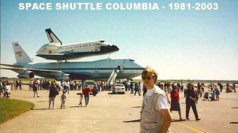 Space Shuttle Columbia at Ellington Field, Houston, October,9, 1994. David Richards stands in foreground.