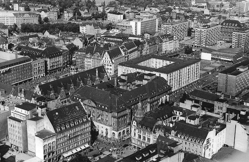 [Downtown Leipzig in September, 1977, photo taken from the top of Karl Marx University, previously Leipzig University.]