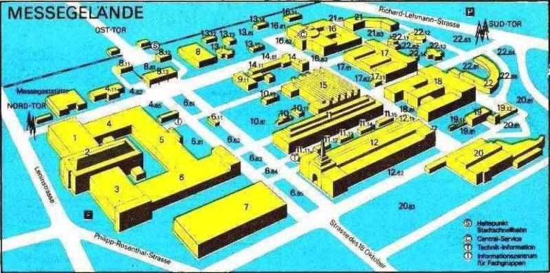[The main Leipzig fairgrounds. The U.S. BDO was in Halle 6. Diagonally across is Halle 12, the Soviet pavilion, its steeple topped with a red star]