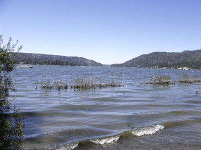 A view of Big Bear Lake from the north side looking west to the dam.