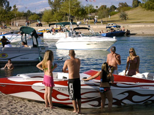 This is a group of the boaters relaxing before another run. Mouse over to see why it gets "busy".