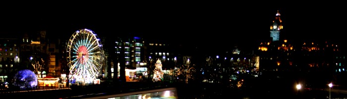 Edinburgh cityscape from the Mound, with the Ferris Wheel and Scott Monument on the left and Balmoral on the right.