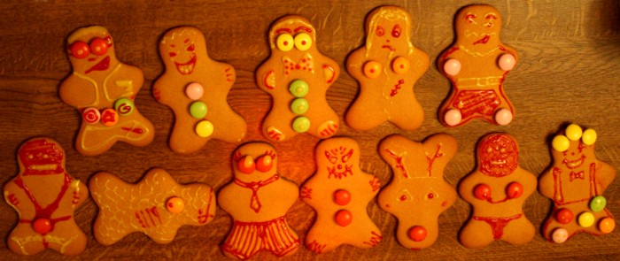 Our entire array of gingerbread men, including one gingerbread fish and a gingerbread reindeer.