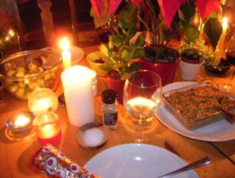 The meal laid out on the table.